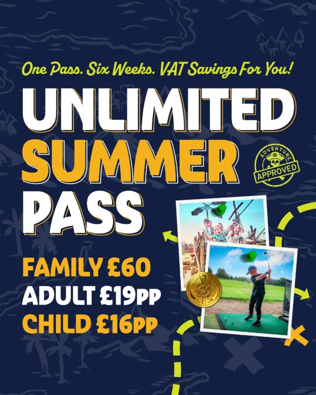 Make summer more affordable ☀️
 
Enjoy 6 weeks of great-value family fun with our Adventure Golf Summer Pass, valid from the day you buy it.
 
Your pass includes:
⛳ Unlimited Adventure Golf
🏌️ A 1-hour Driving Range session
🍔 30% off food
 
💷 Prices:
👧 Child – £16
🧑 Adult – £19
👨‍👩‍👧‍👦 Family of 4 – £60
 
Ready for endless rounds, summer holiday savings and a little family competition?
 
Visit the link in our bio to get your pass 🎟️
 
#HoebridgeGolfCentre #AdventureGolf #SummerHolidays #AffordableFamilyFun #FamilyDaysOut #Woking