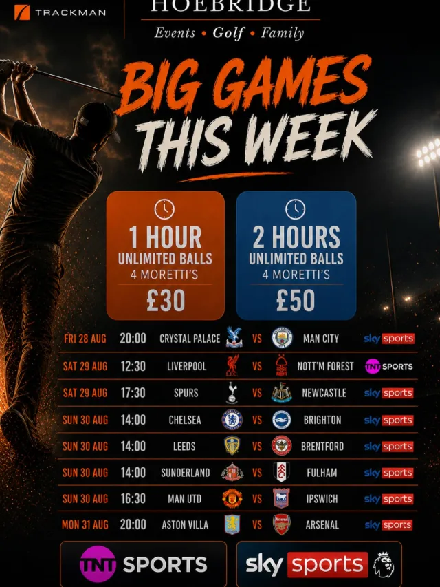 Football season is BACK!

Join us on our driving range and combined two great sports ⚽️ ⛳️ 

Book a VIP or premium bay and enjoy the luxury of your own tv in your private bay PLUS order 🍔 🍟 & 🍻 to your bay….. what more could you want?!

💻 hoebridgegc.co.uk

#hoebridgegc #drivingrange #footballfixtures #skysports